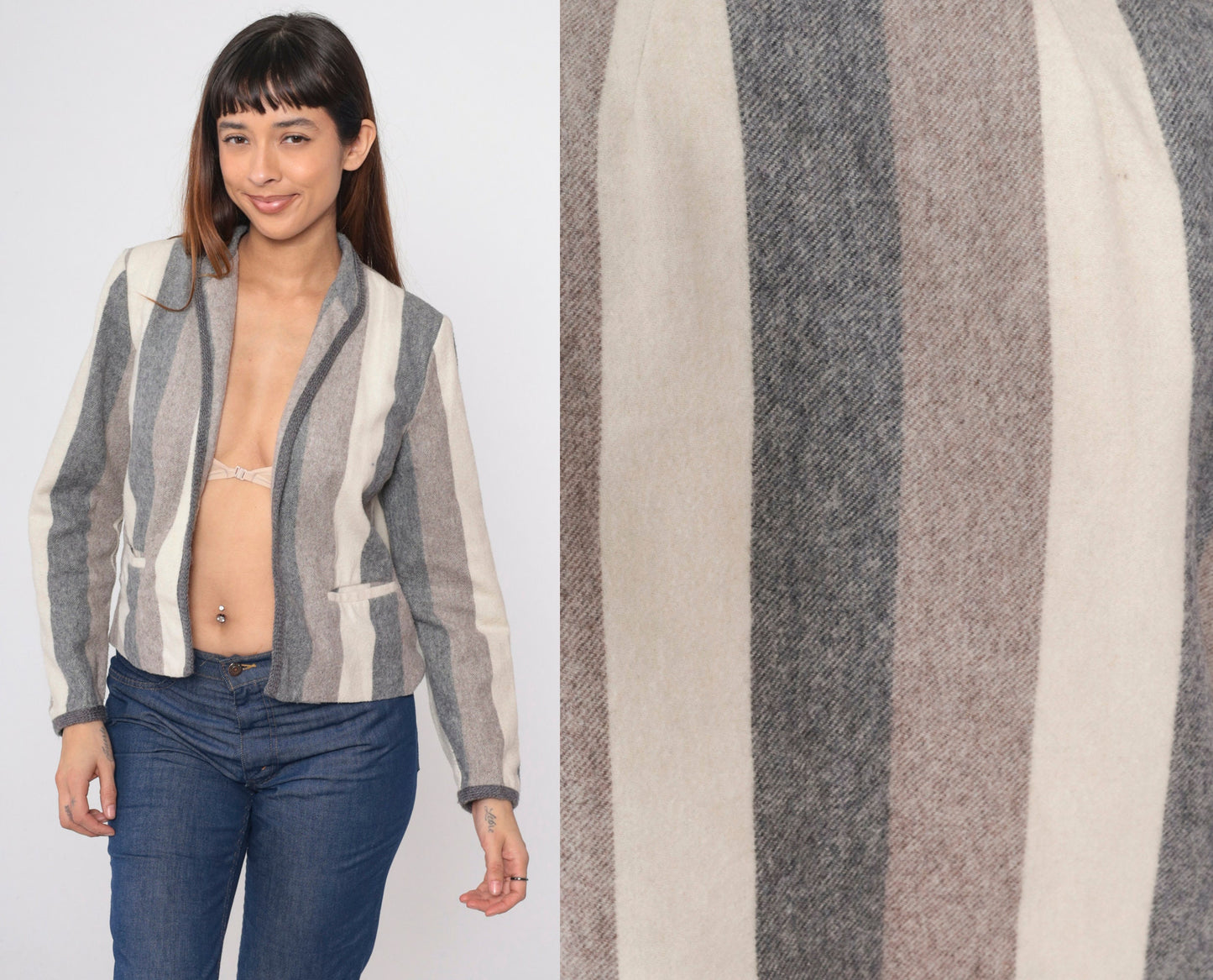 80s Striped Wool Blend Blazer Open Front Jacket Grey Brown Cream Small Medium