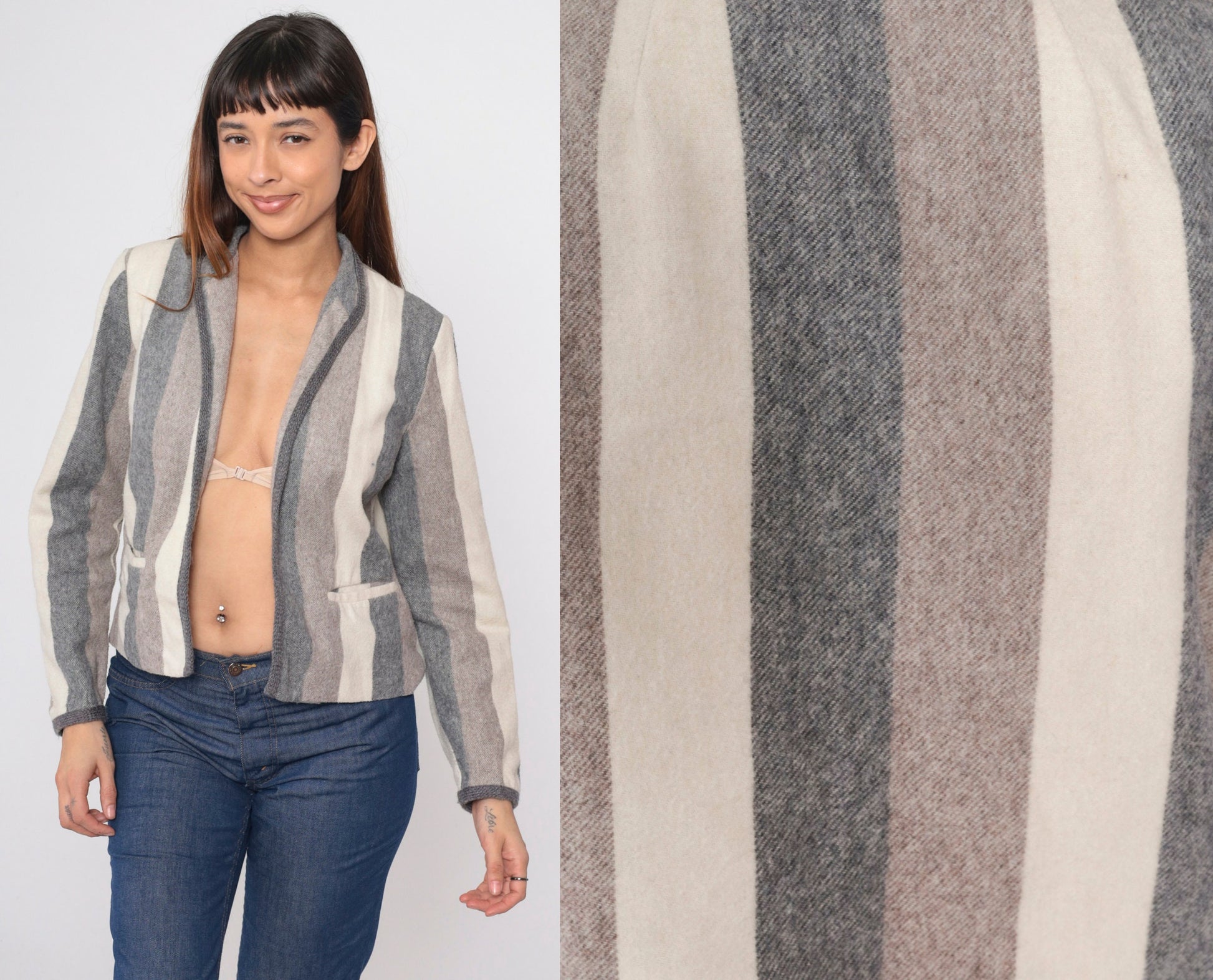 80s Striped Wool Blend Blazer Open Front Jacket Grey Brown Cream Small Medium