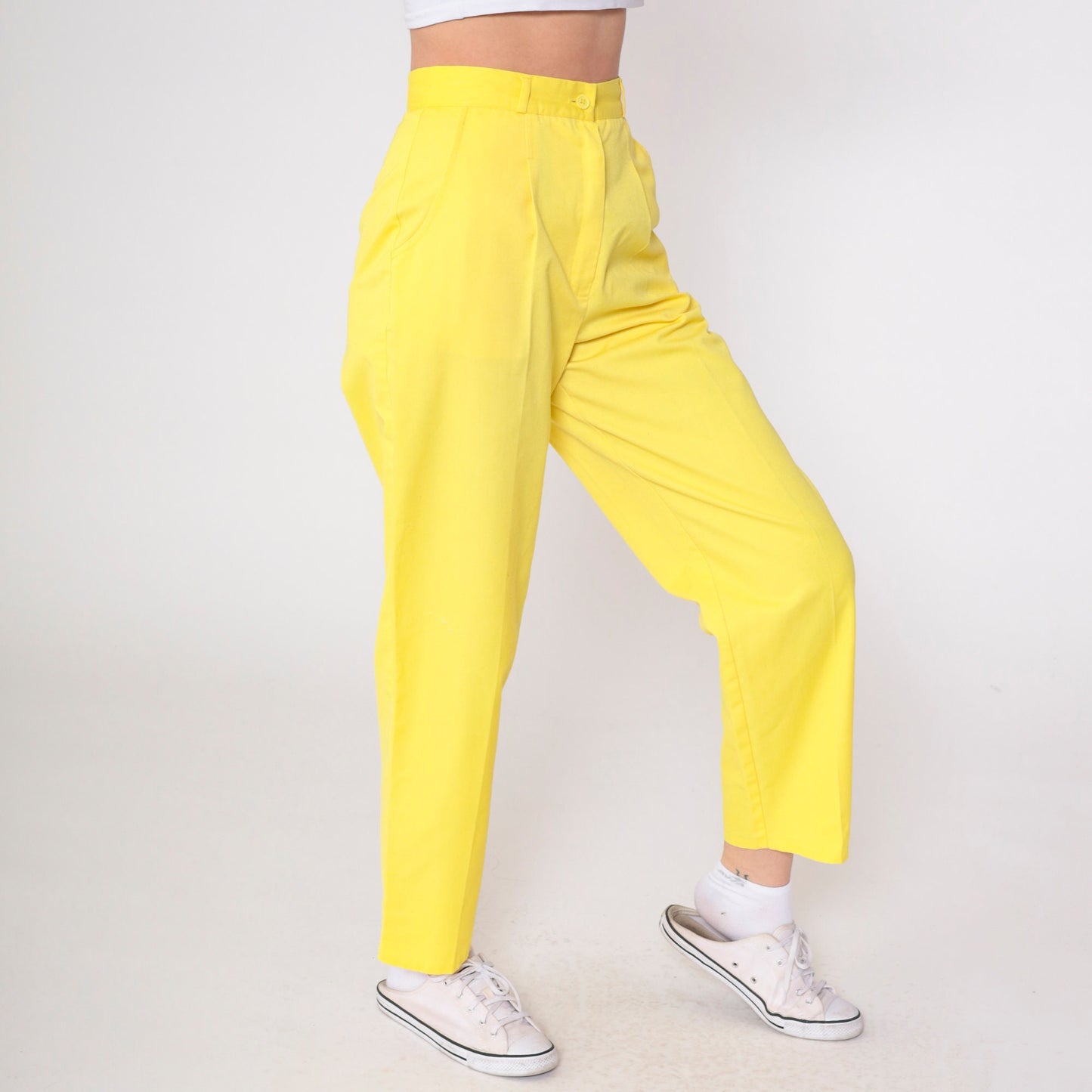 80s Yellow High-Waisted Pleated Tapered Trousers Extra Small