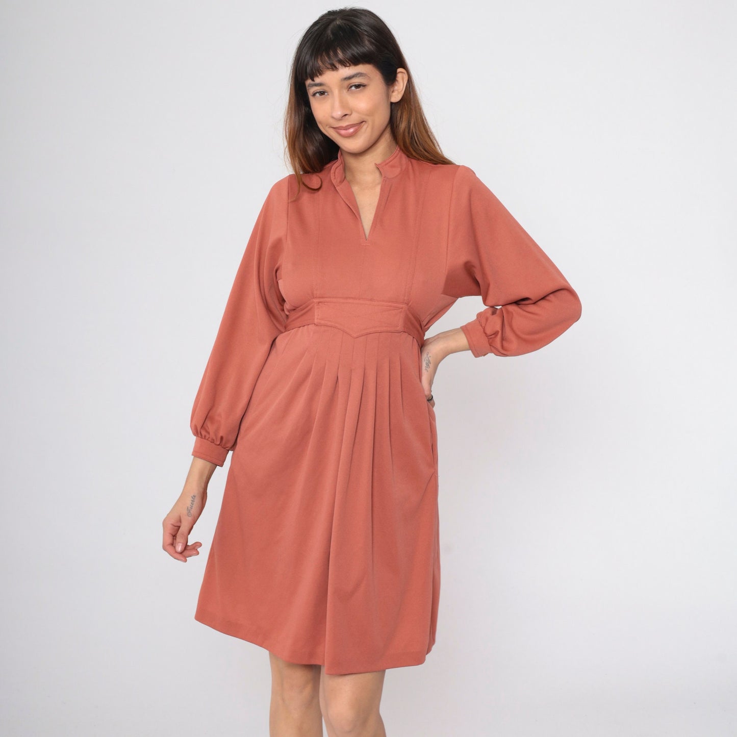 70s Terra Cotta Empire Waist Mini Dress Mandarin Collar Long Sleeve Small