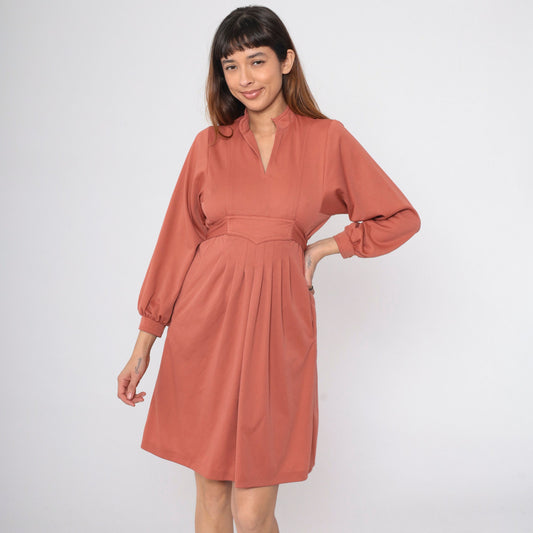 70s Terra Cotta Empire Waist Mini Dress Mandarin Collar Long Sleeve Small