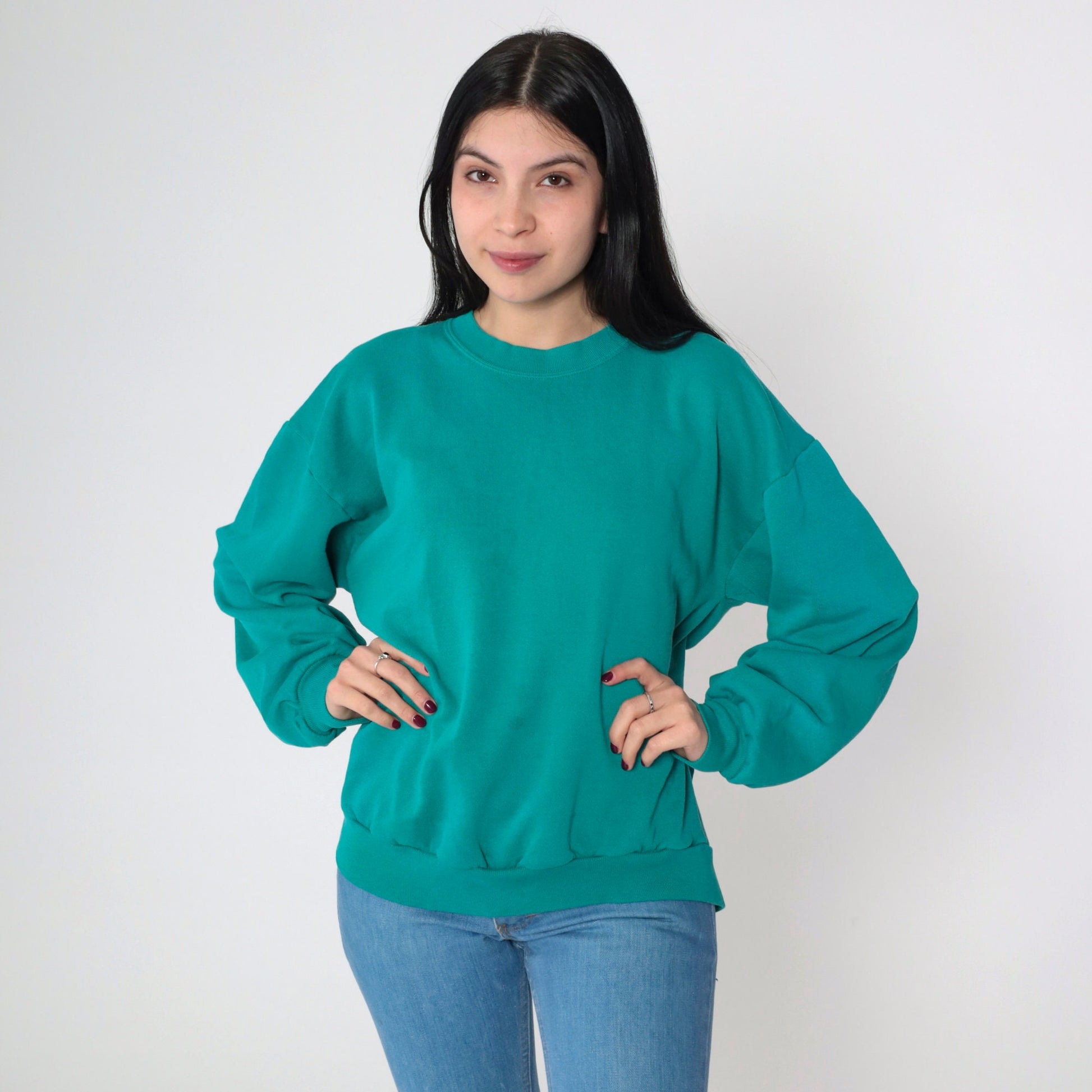 90s Teal Crewneck Sweatshirt Plain Long Sleeve Pullover Large