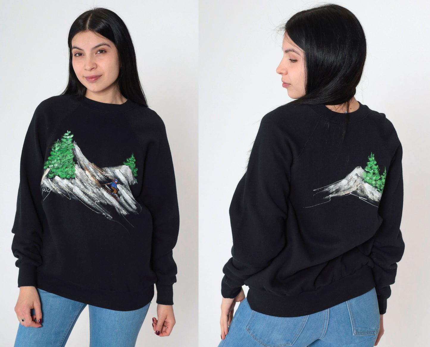 80s Tultex Hand Painted Ski Scene Sweatshirt Black Crewneck Raglan Medium