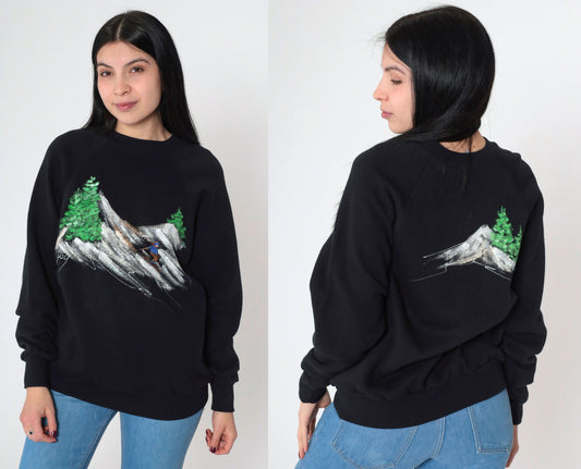 80s Tultex Hand Painted Ski Scene Sweatshirt Black Crewneck Raglan Medium