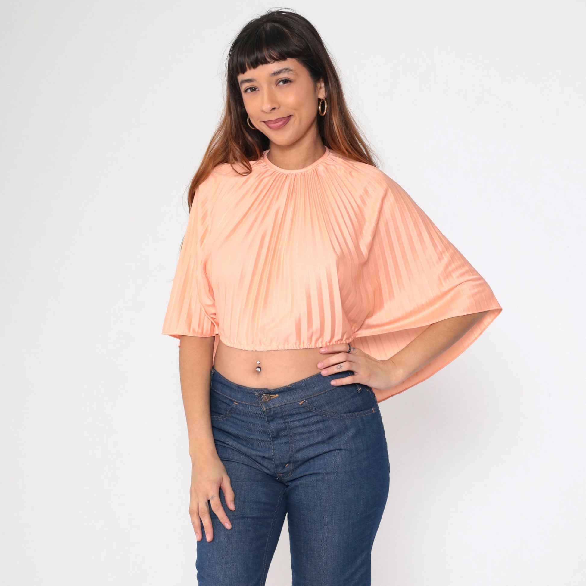 70s Peach Pleated Crop Blouse Wide Sleeve Keyhole Back Small