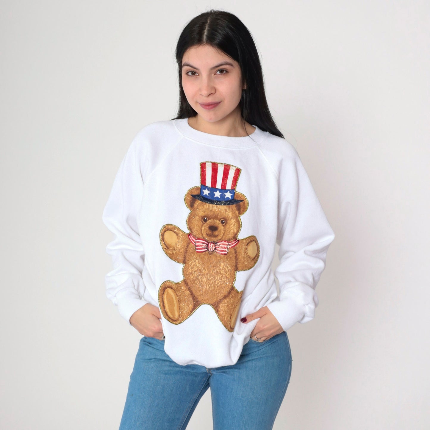 90s Uncle Sam Teddy Bear Glitter Sweatshirt White Graphic Crewneck Large L
