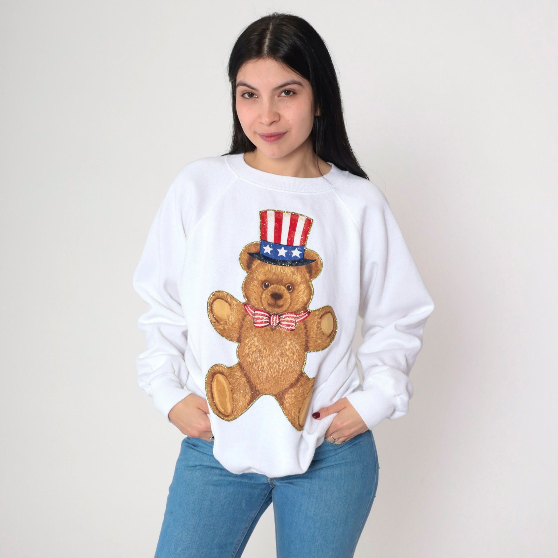 90s Uncle Sam Teddy Bear Glitter Sweatshirt White Graphic Crewneck Large L