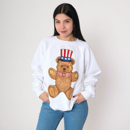 90s Uncle Sam Teddy Bear Glitter Sweatshirt White Graphic Crewneck Large L
