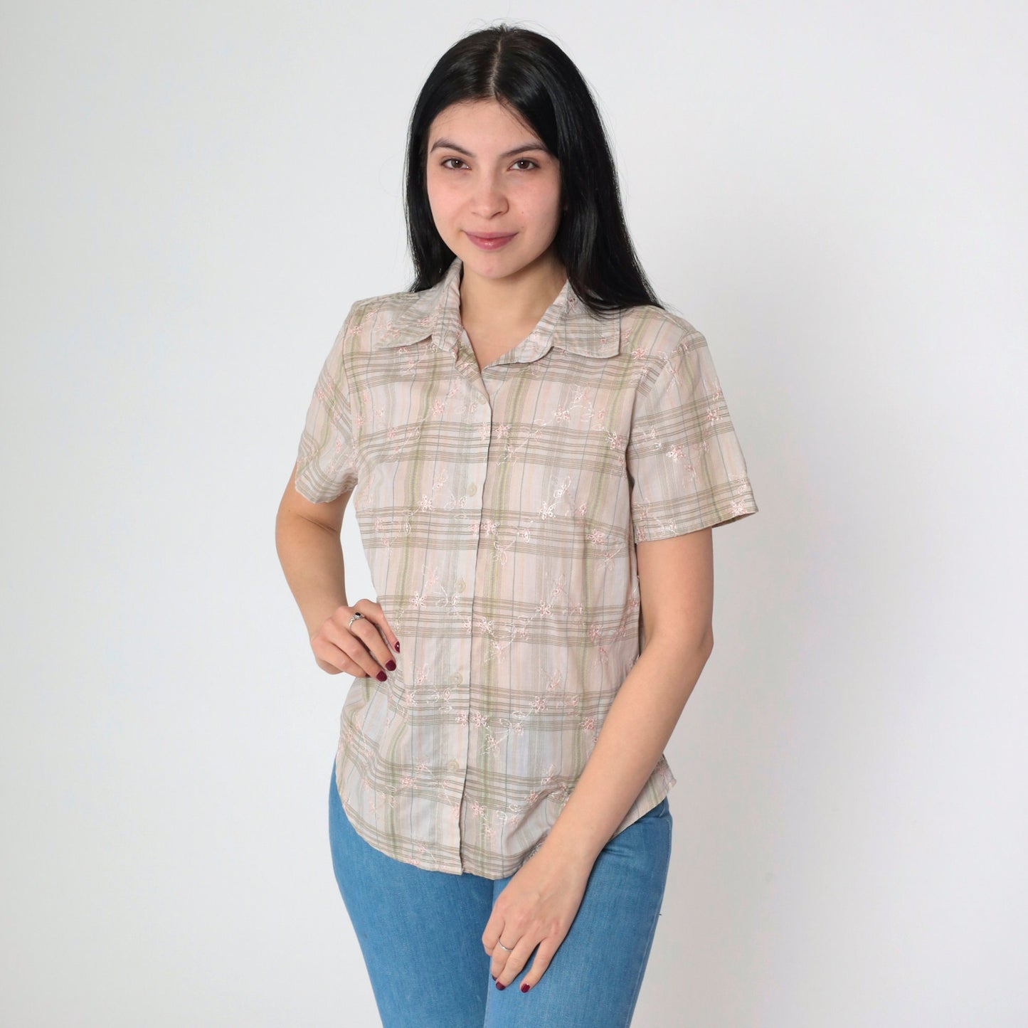 90s Plaid Floral Eyelet Button Up Blouse Short Sleeve Peach White Green Medium