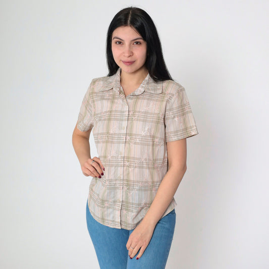 90s Plaid Floral Eyelet Button Up Blouse Short Sleeve Peach White Green Medium