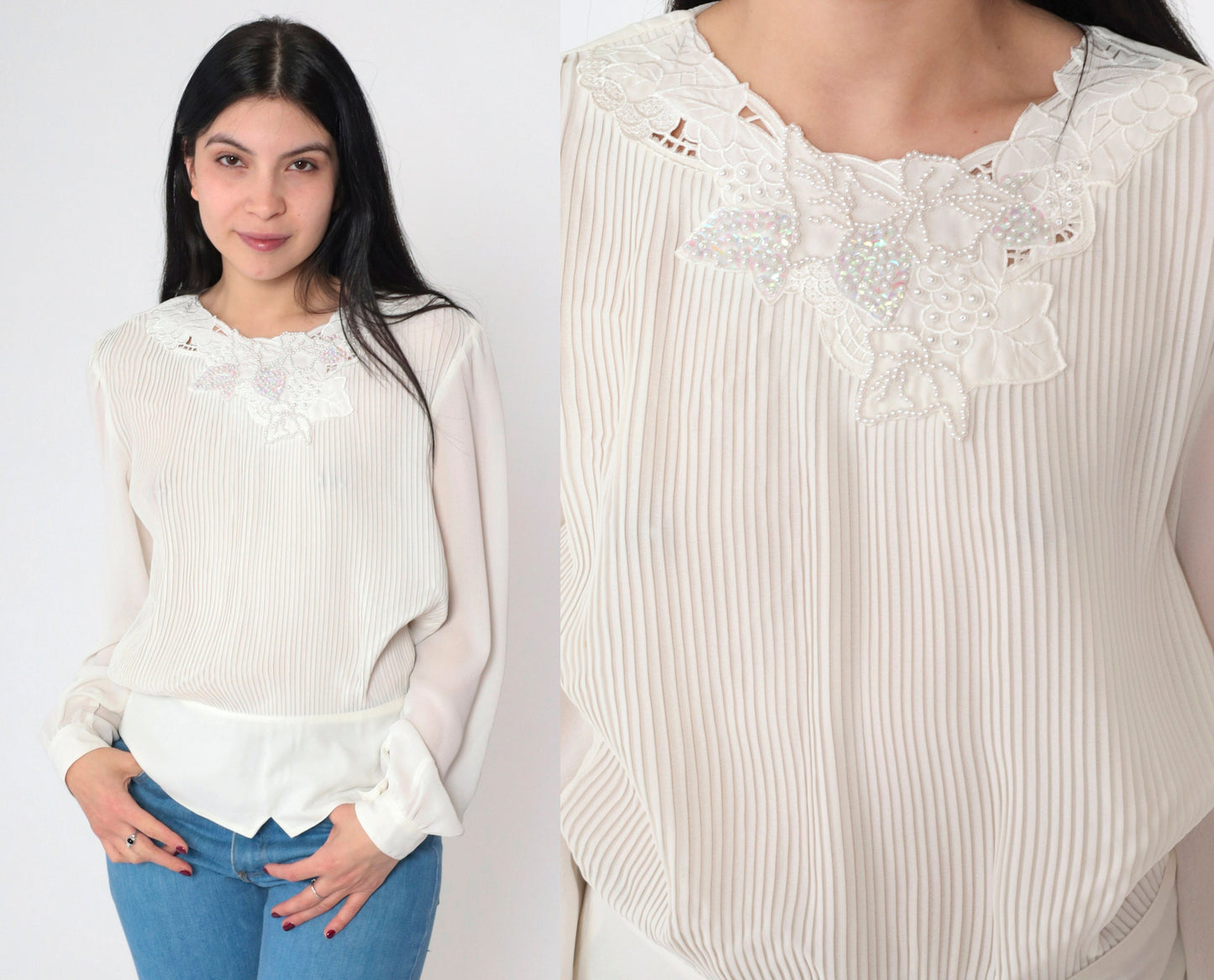 80s White Beaded Blouse Grape Leaf Sequin Puff Sleeve Button Back Medium