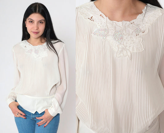80s White Beaded Blouse Grape Leaf Sequin Puff Sleeve Button Back Medium