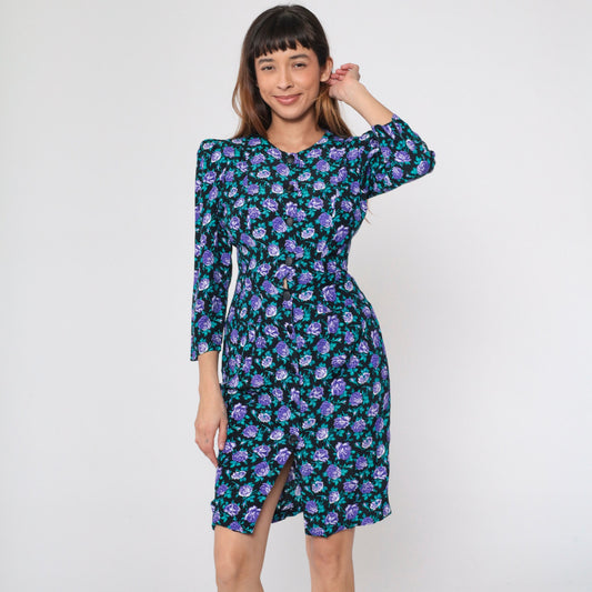 90s All That Jazz Black Floral Mini Dress Puff Sleeve Button-Up Small S