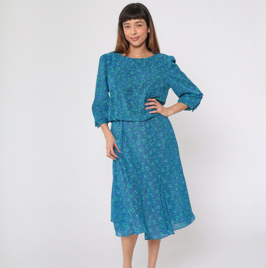 90s Blue Floral Midi Dress Puff Sleeve High Waist Blouson Medium M