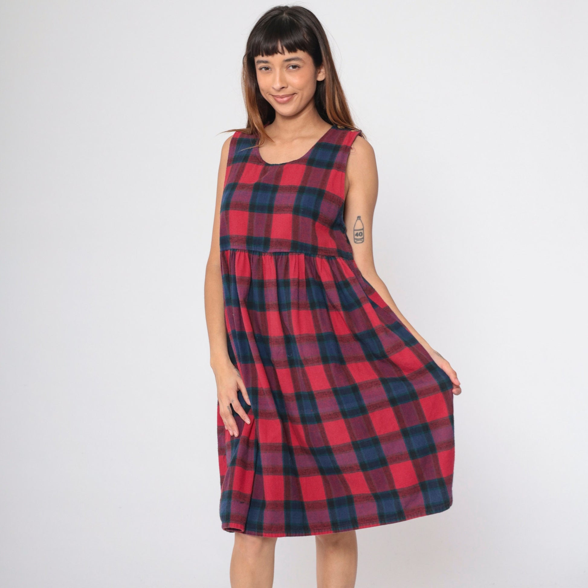 90s Plaid Midi Jumper Dress Button Straps Empire Waist Red Blue Checkered Small