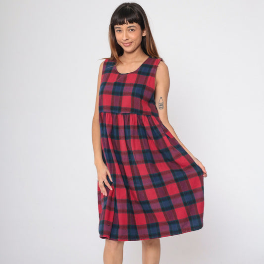 90s Plaid Midi Jumper Dress Button Straps Empire Waist Red Blue Checkered Small