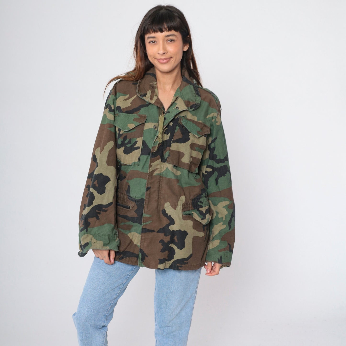 90s Military Camouflage Hooded Jacket Green Cargo Zip Snap Small