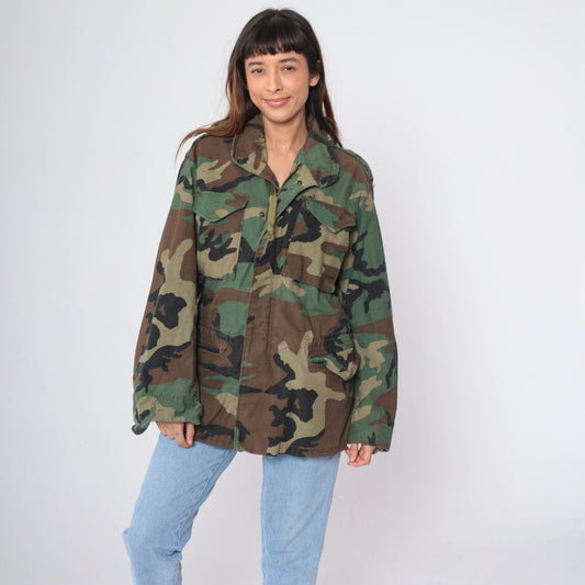 90s Military Camouflage Hooded Jacket Green Cargo Zip Snap Small
