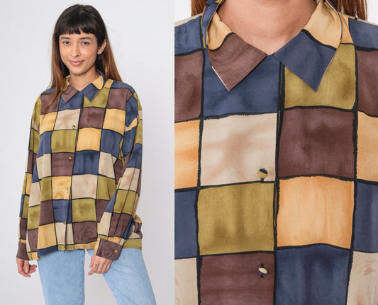 90s Checkerboard Button-Up Blouse Multicolor Long Sleeve Collared Shirt Extra Large XXL