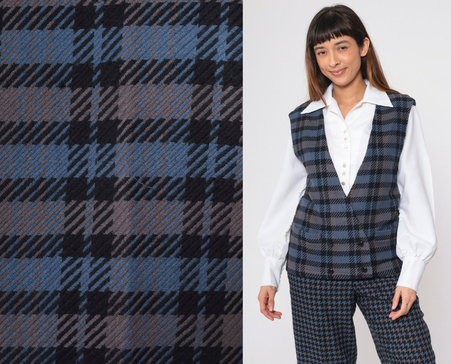 80s Bill Blass Plaid Wool Vest Double Breasted Blue Grey Small