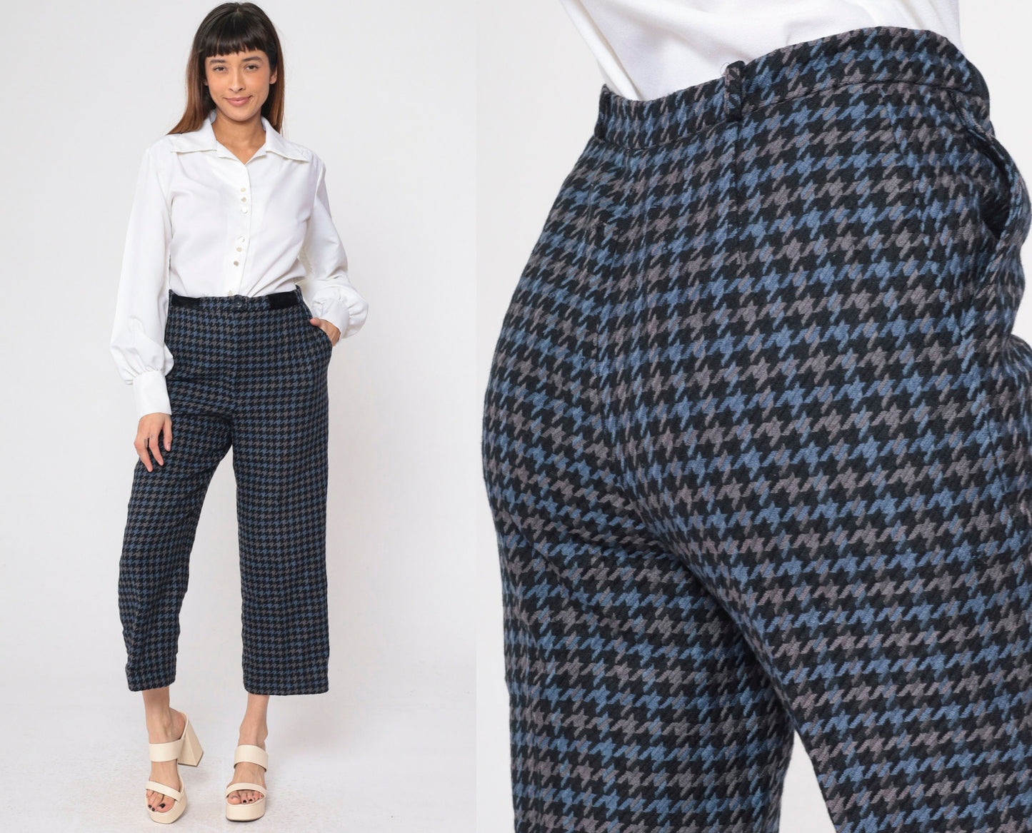 80s Bill Blass Houndstooth Wool Trousers High Waist Straight Leg Medium