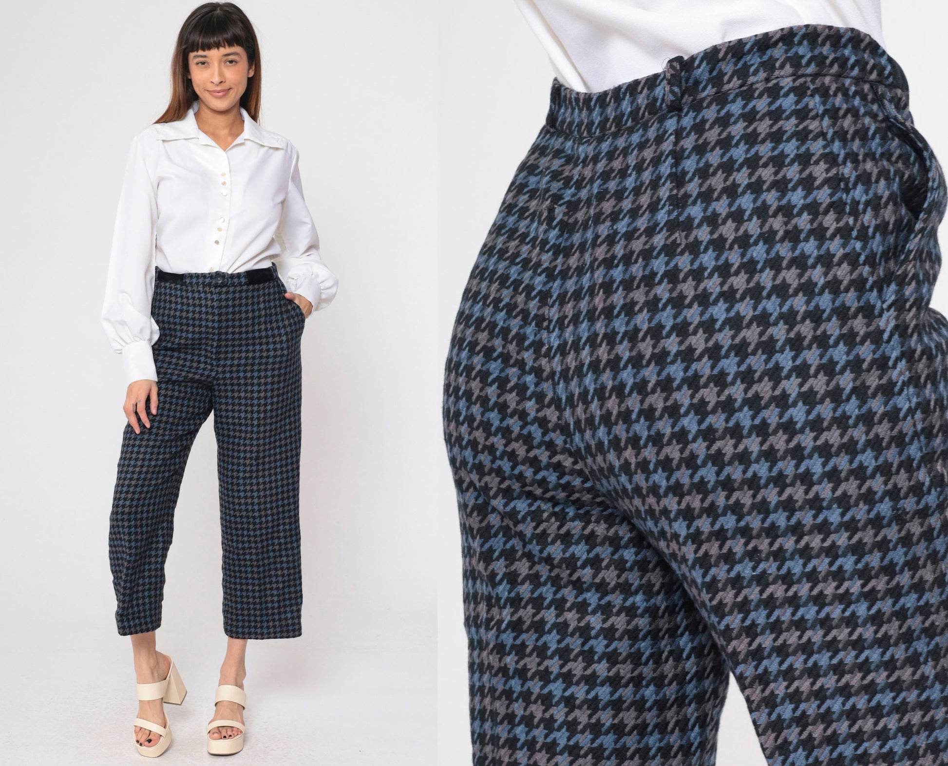 80s Bill Blass Houndstooth Wool Trousers High Waist Straight Leg Medium