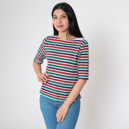 90s Multistripe Boatneck T-Shirt Short Sleeve Red Green Purple Small