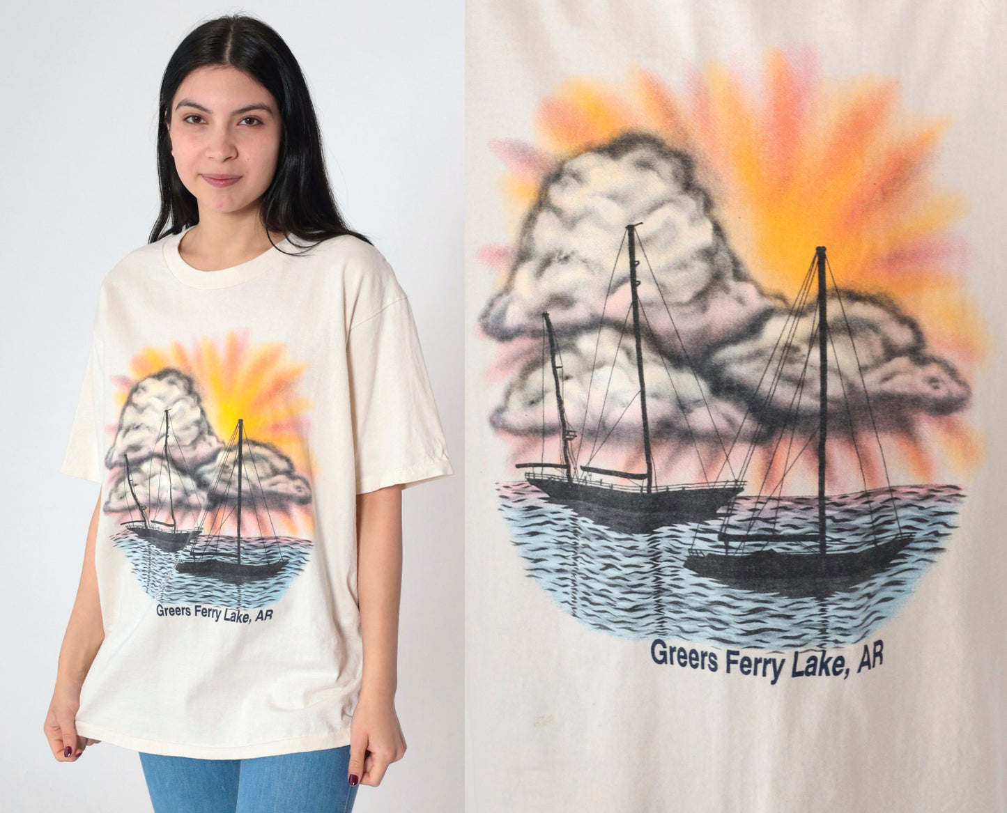 90s Greers Ferry Lake Arkansas Sailboat Graphic T-Shirt Pale Yellow Single Stitch Medium
