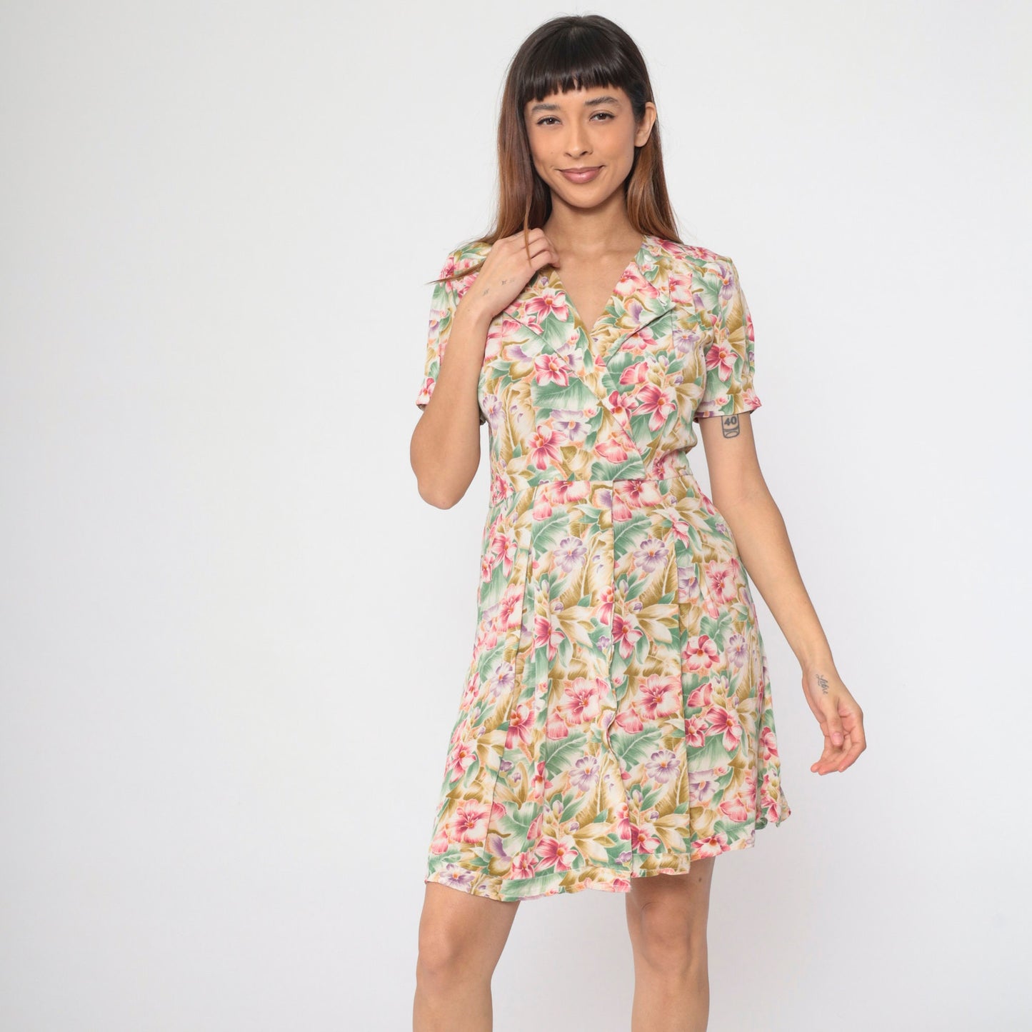 90s Liz Claiborne Tropical Floral Mini Dress Surplice Neckline Small