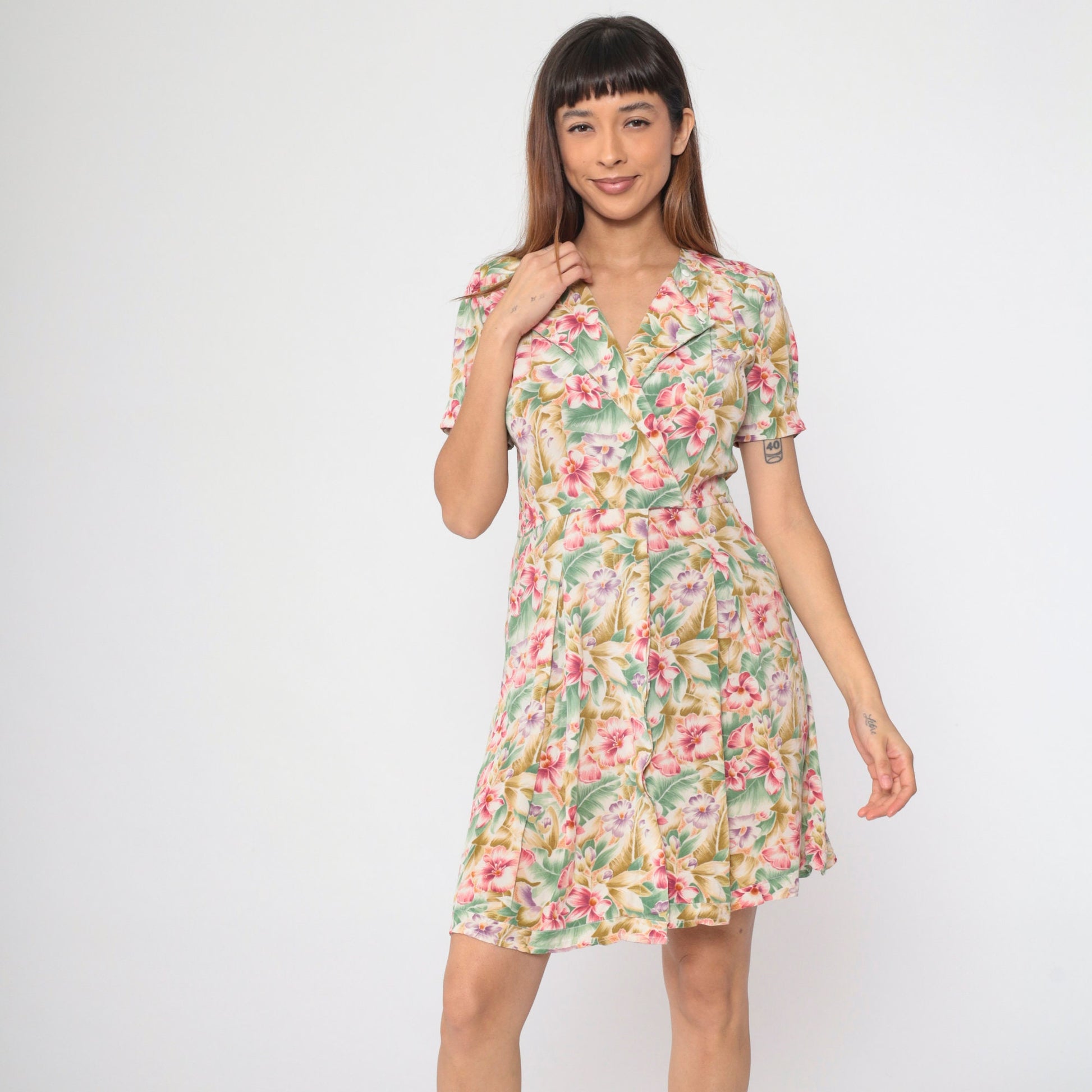 90s Liz Claiborne Tropical Floral Mini Dress Surplice Neckline Small