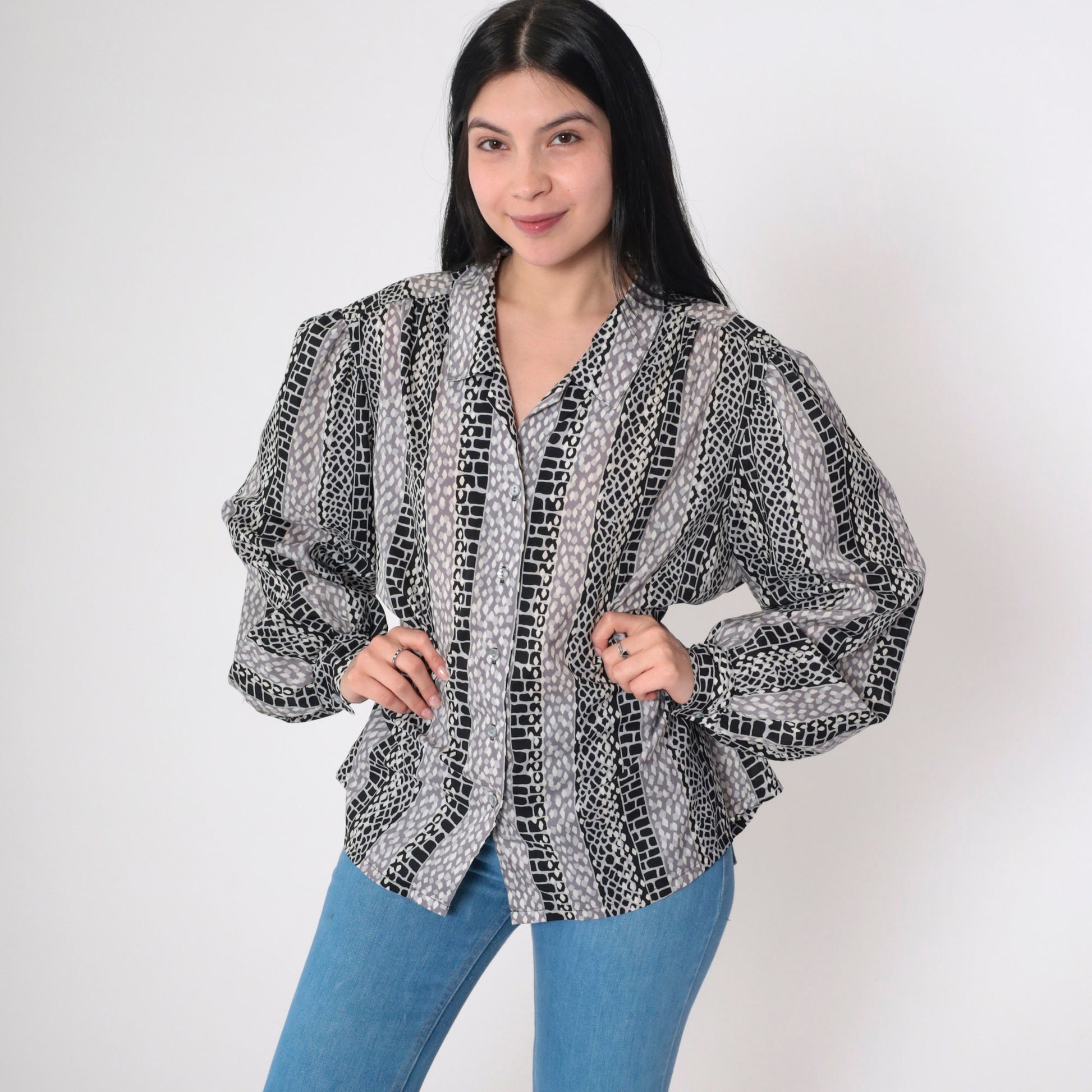 70s Geometric Striped Button-Up Blouse Red Balloon Sleeve Collared Shirt Large