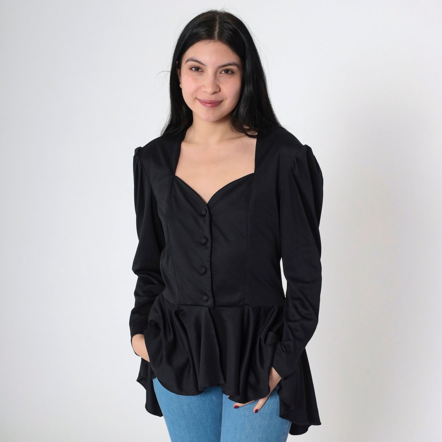 80s Black Lace Blouse Puff Sleeve Peplum High Low Sweetheart Neckline Medium
