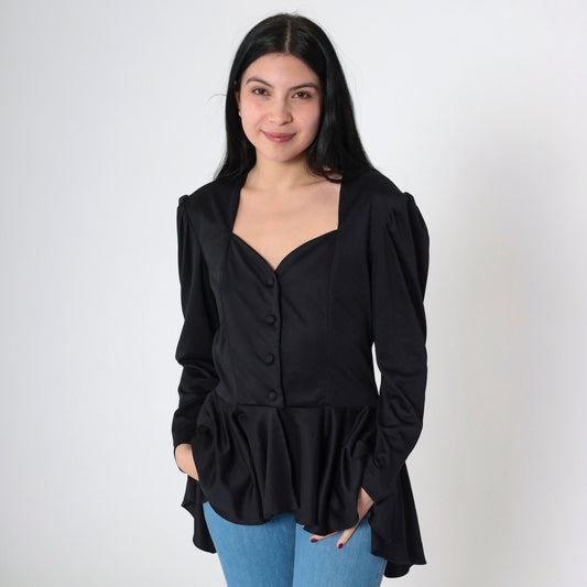 80s Black Lace Blouse Puff Sleeve Peplum High Low Sweetheart Neckline Medium