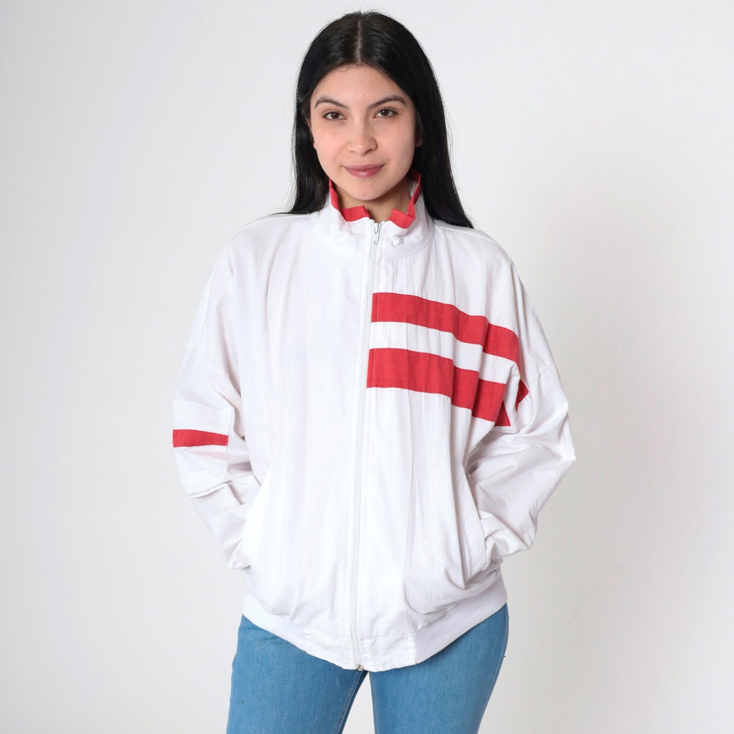 90s Striped Windbreaker Jacket White Red Zip-Up Small