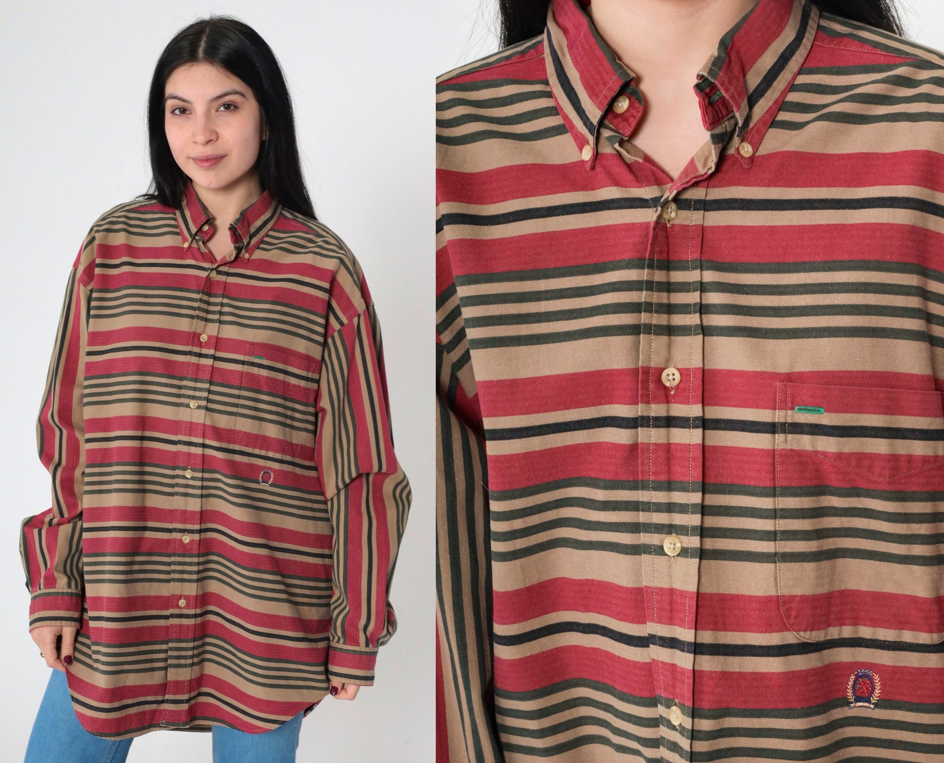 90s Tommy Hilfiger Striped Oxford Button Up Red Brown Cotton Large