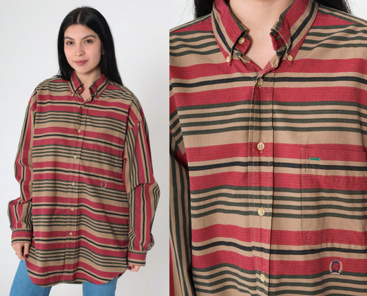 90s Tommy Hilfiger Striped Oxford Button Up Red Brown Cotton Large