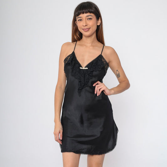 80s Black Lace Slip Dress V-Neck Cascading Ruffle Spaghetti Strap Mini Small