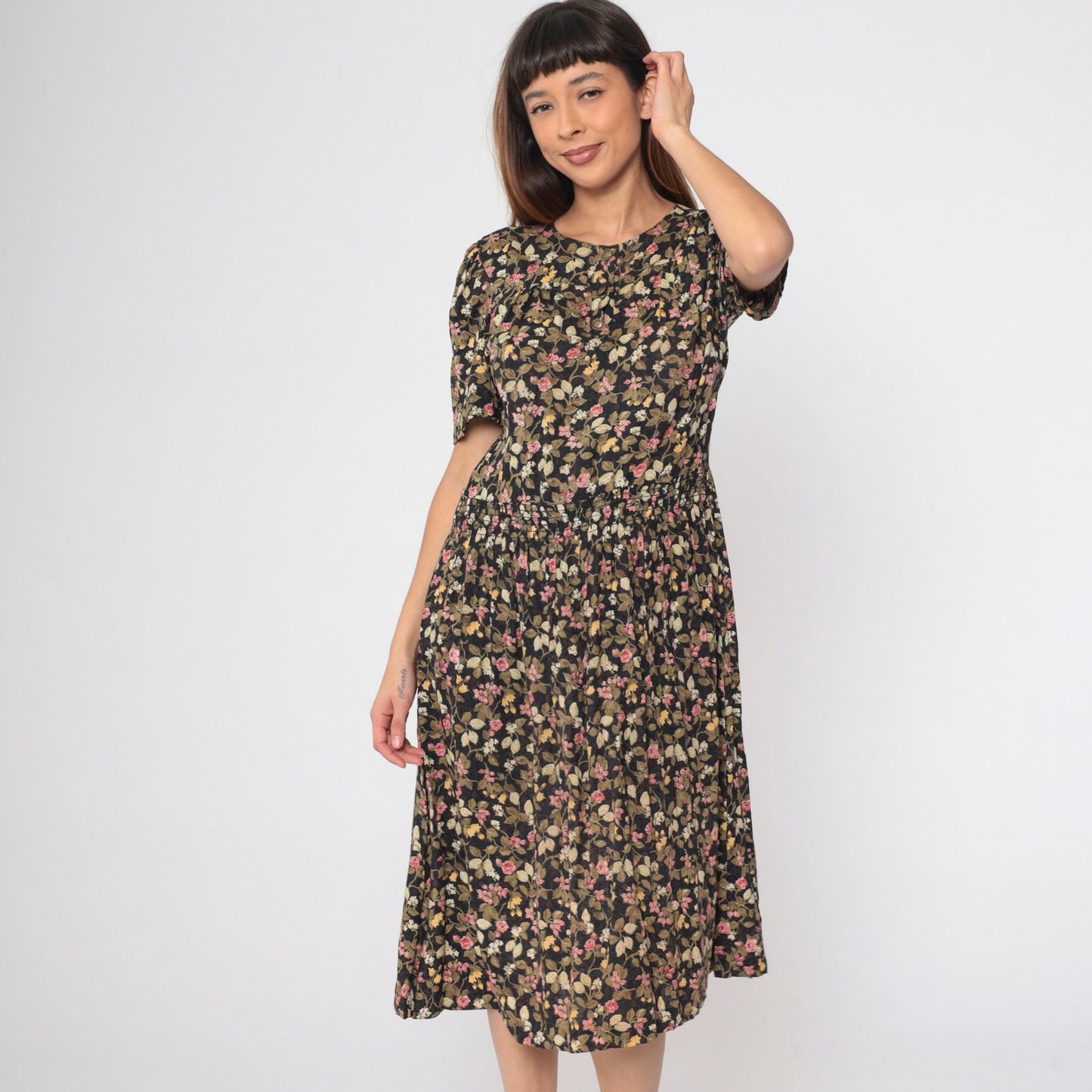80s Floral Button-Up Midi Dress Black Olive Pink Puff Sleeve Smocked Small