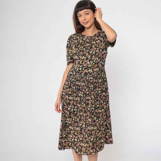 80s Floral Button-Up Midi Dress Black Olive Pink Puff Sleeve Smocked Small