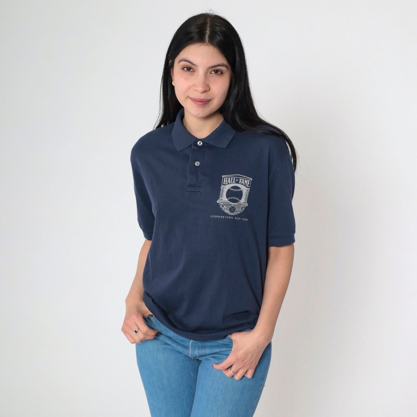 80s Baseball Hall of Fame Cooperstown Navy Button-Up Shirt Medium