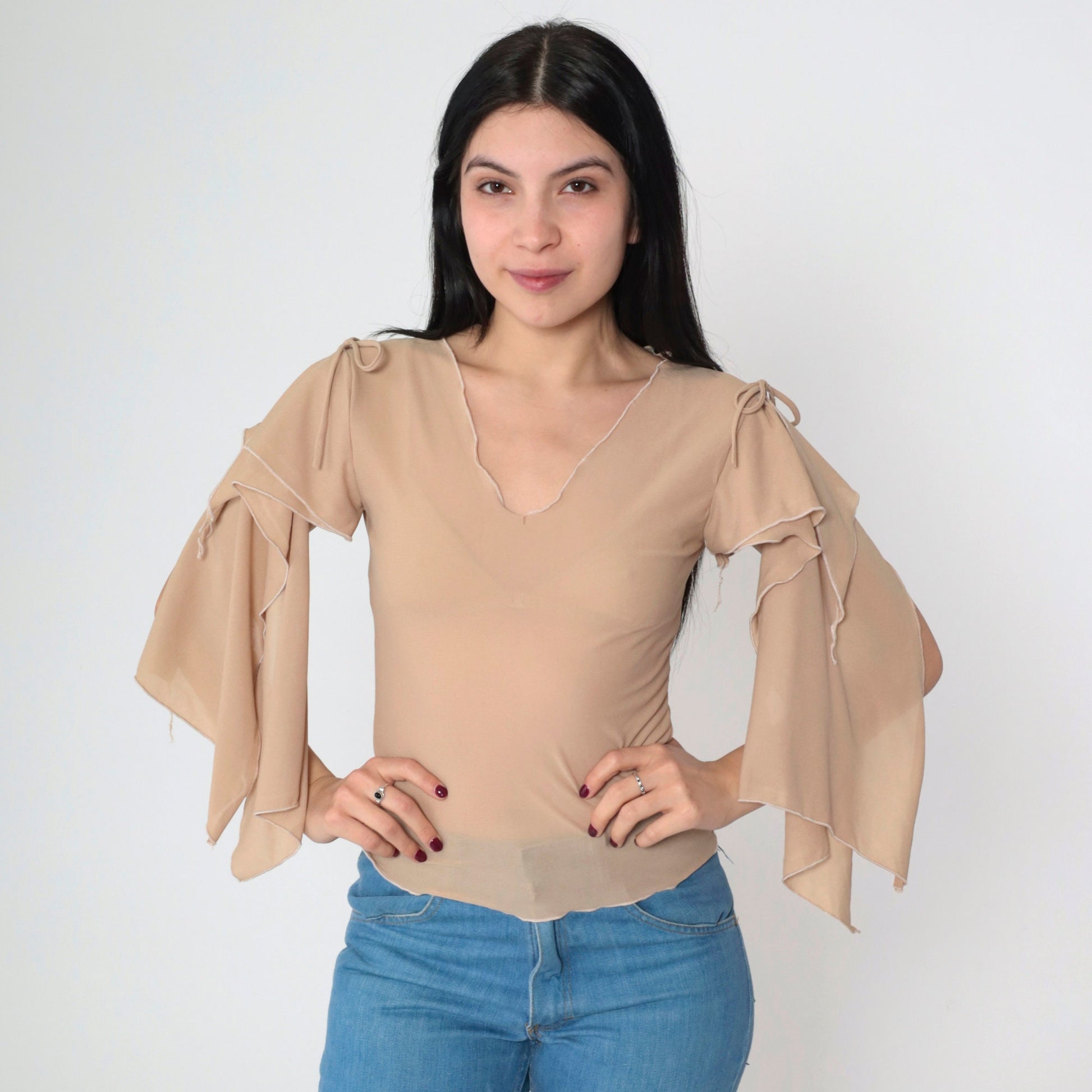 Y2K Nina Piu Sheer Mesh Top Tan Cape Sleeve V-Neck Small S