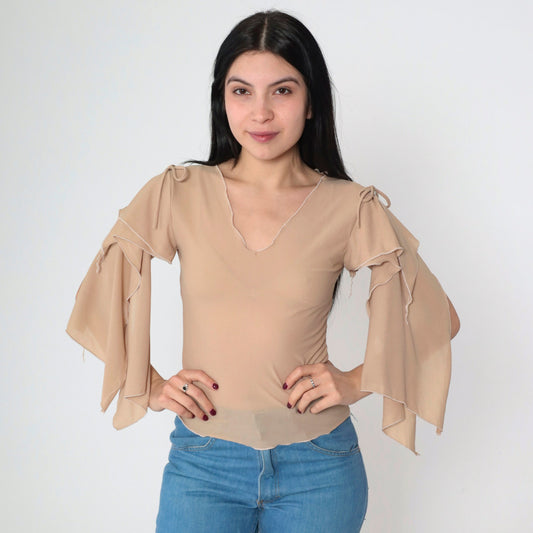 Y2K Nina Piu Sheer Mesh Top Tan Cape Sleeve V-Neck Small S