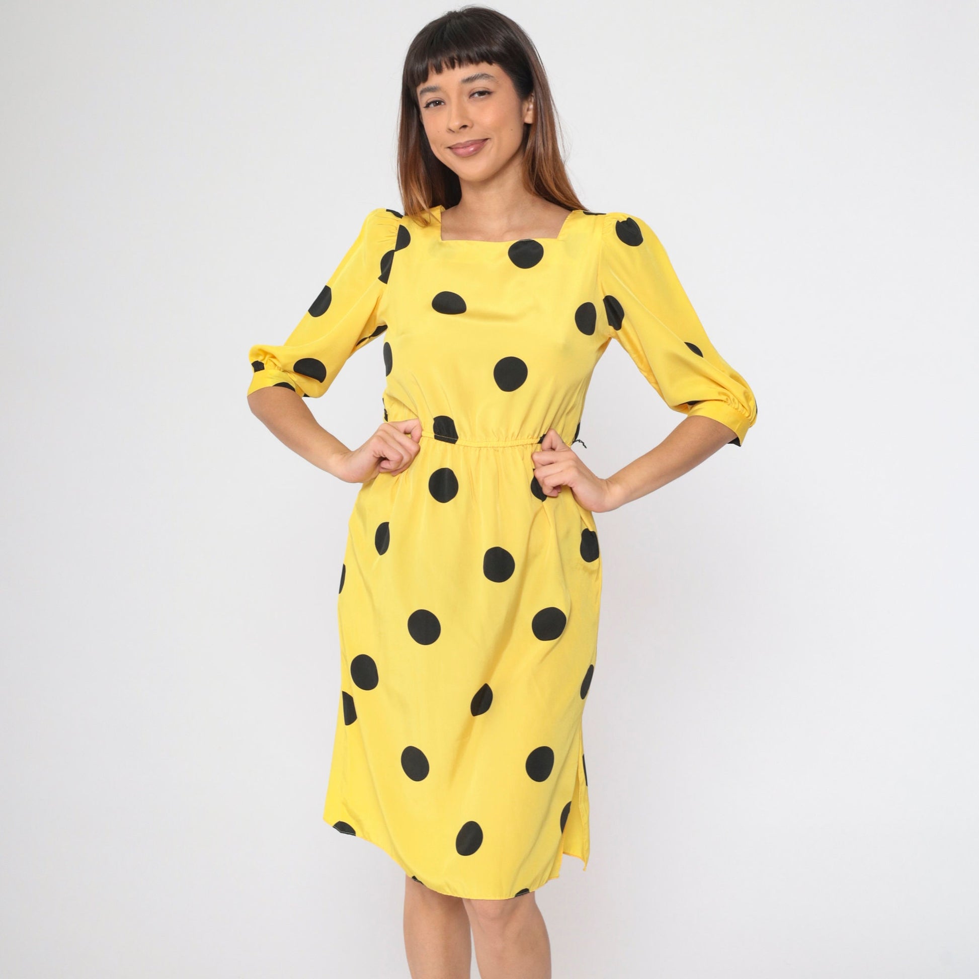 80s Yellow Polka Dot Midi Dress Puff Sleeve Square Neck High Waist Small