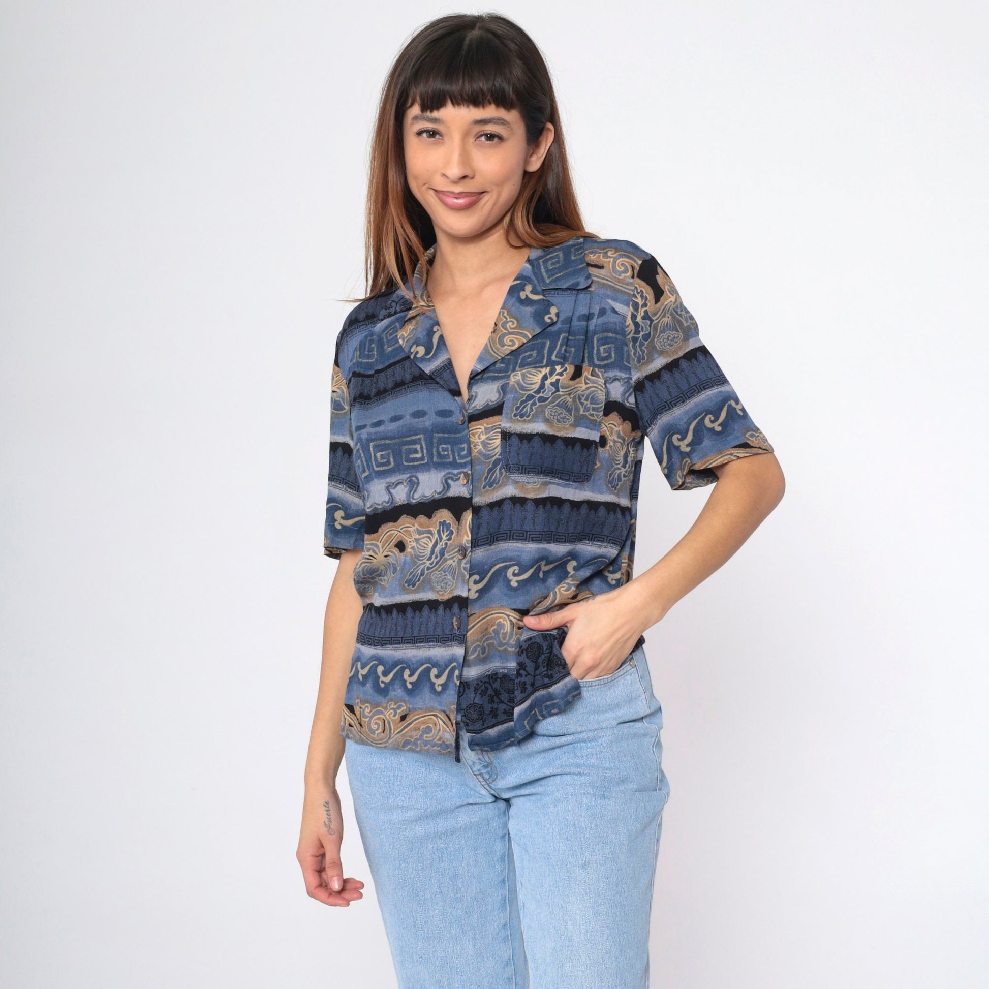 90s Carol Little Striped Floral Greek Key Button Up Blouse Blue Small