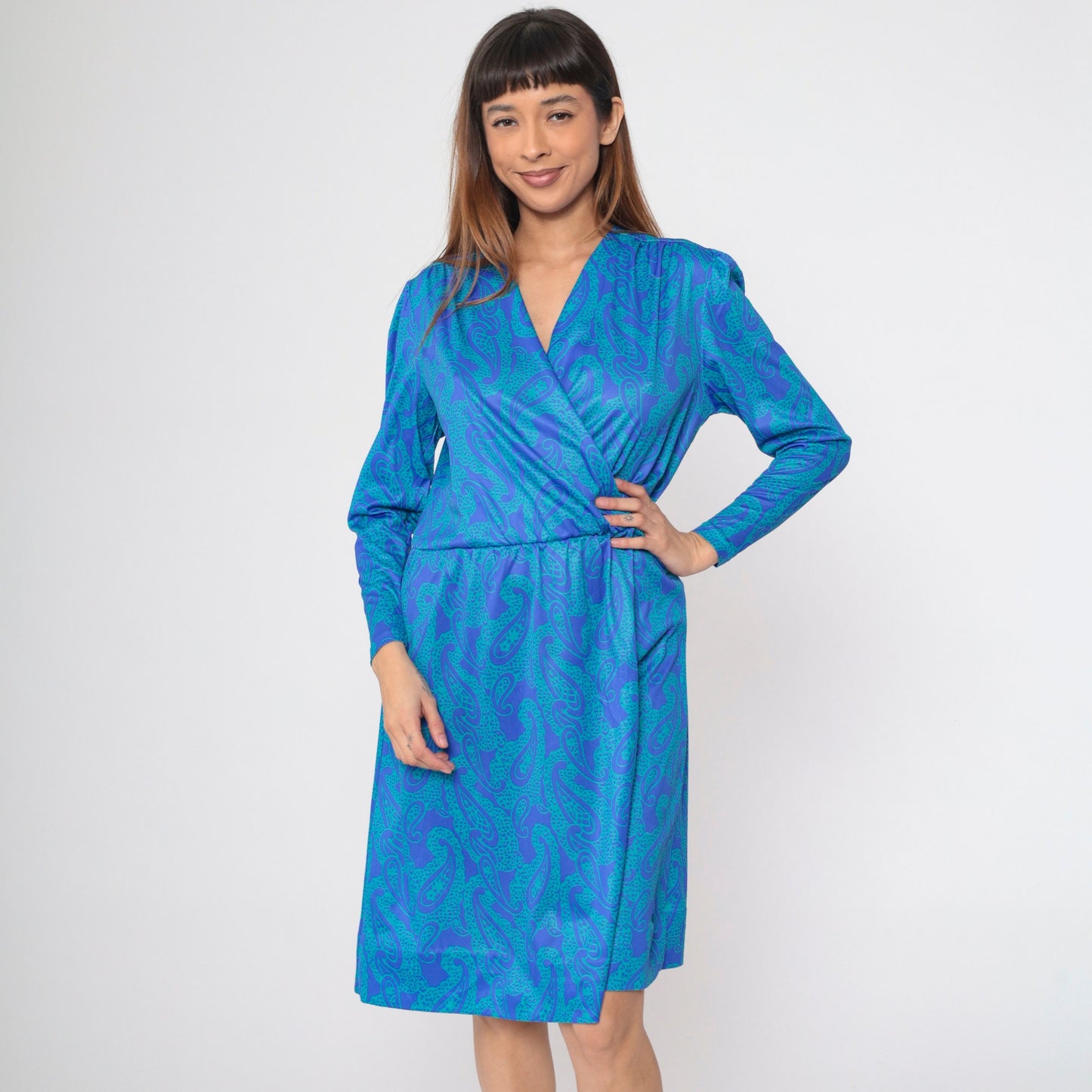 90s Blair Paisley Faux Wrap Midi Dress Puff Sleeve V-Neck Blue Green Large