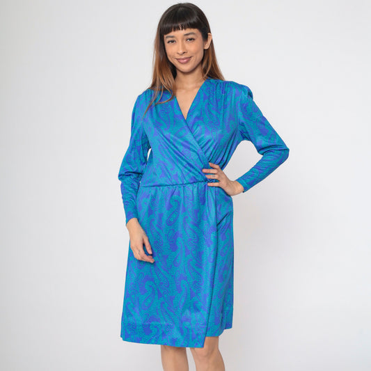 90s Blair Paisley Faux Wrap Midi Dress Puff Sleeve V-Neck Blue Green Large