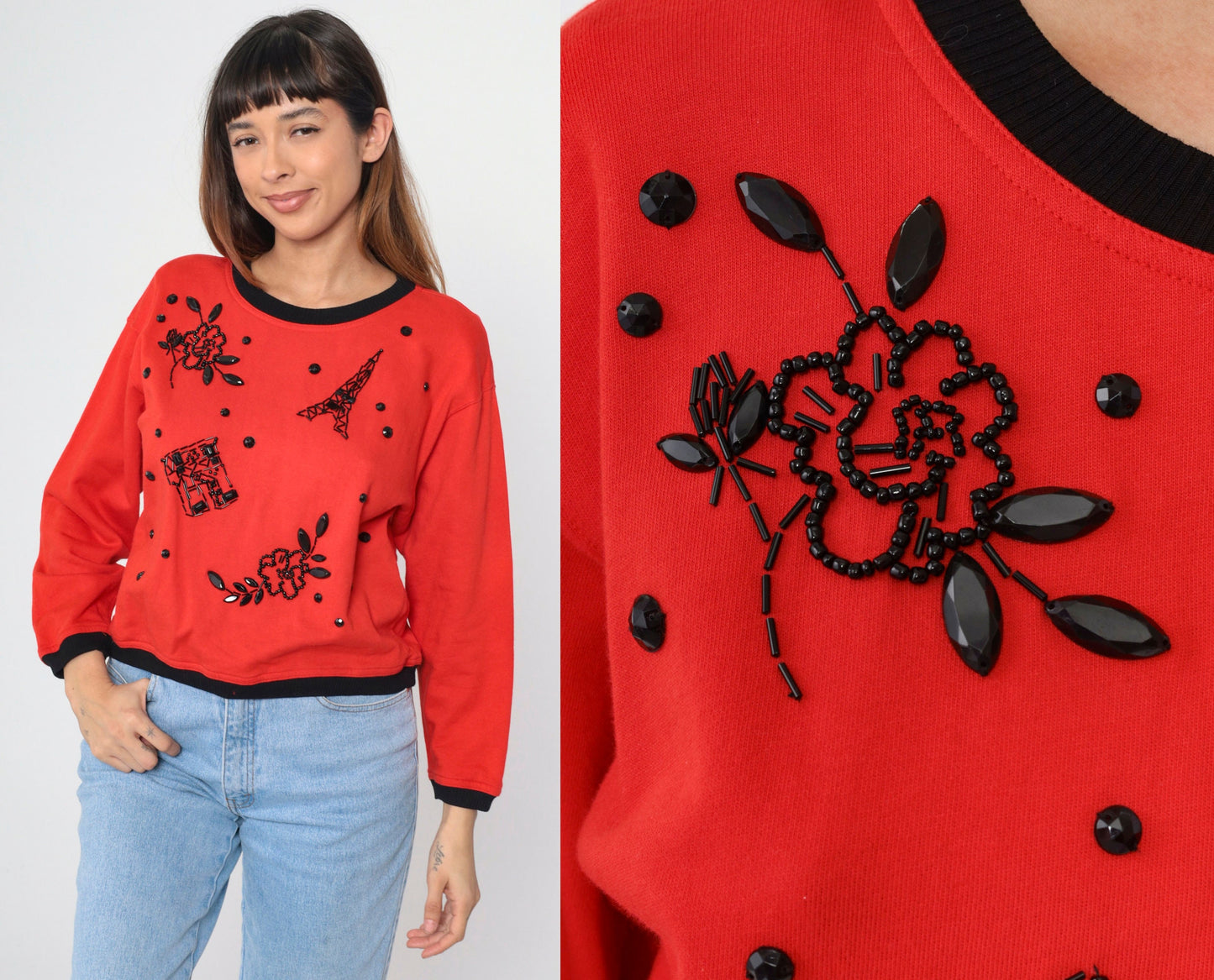 90s Carol Little Beaded Eiffel Tower Sweatshirt Red Ringer Medium