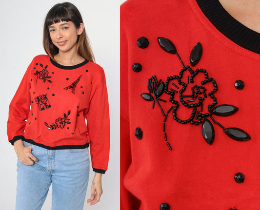 90s Carol Little Beaded Eiffel Tower Sweatshirt Red Ringer Medium