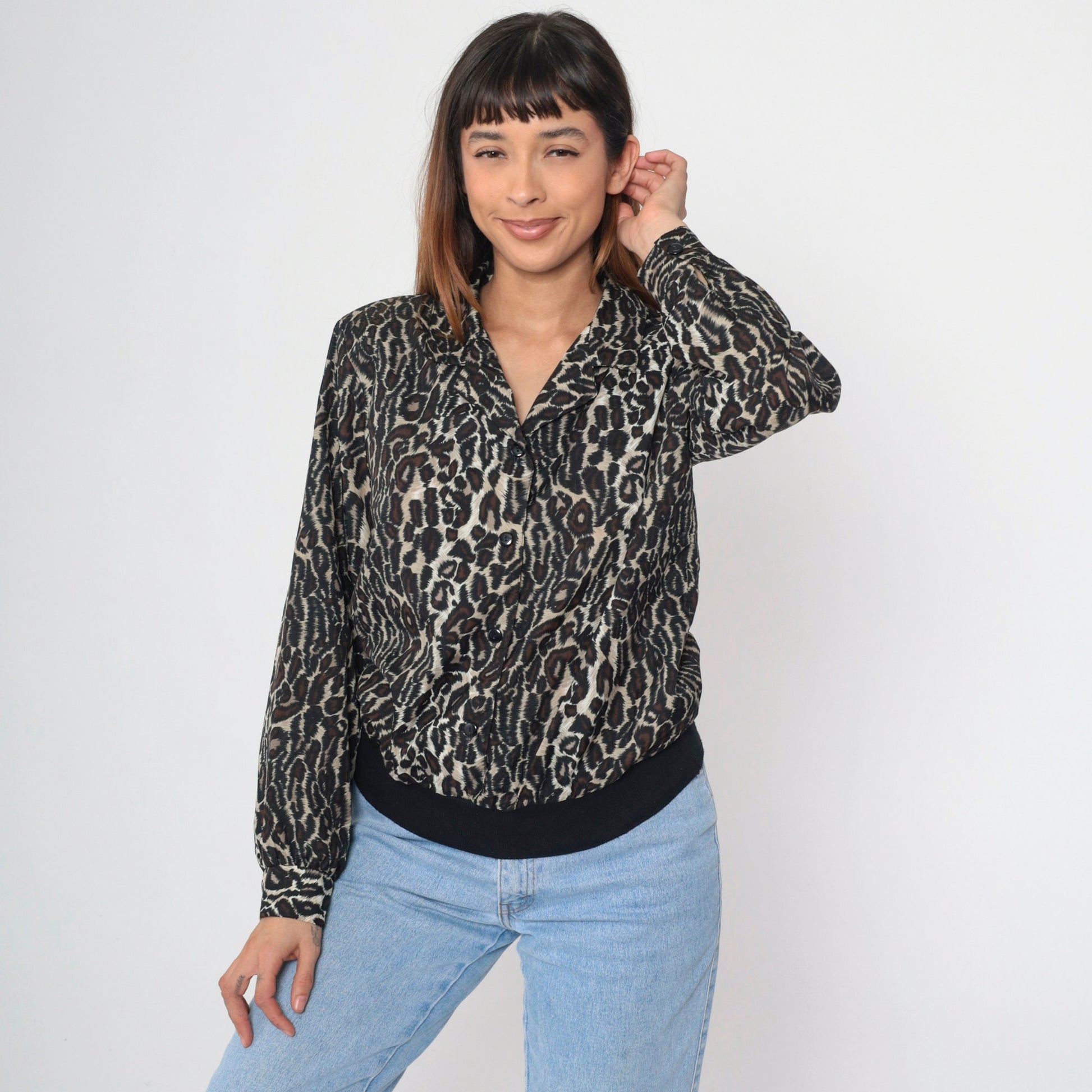 80s Leopard Print Button-Up Blouse Long Sleeve Collared Top Large