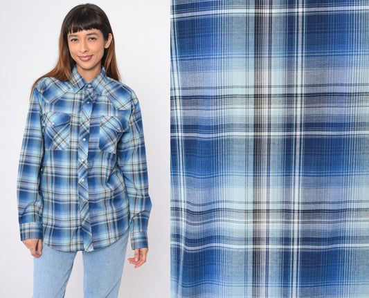 80s Haband Western Shirt Blue Plaid Pearl Snap Cowboy Small